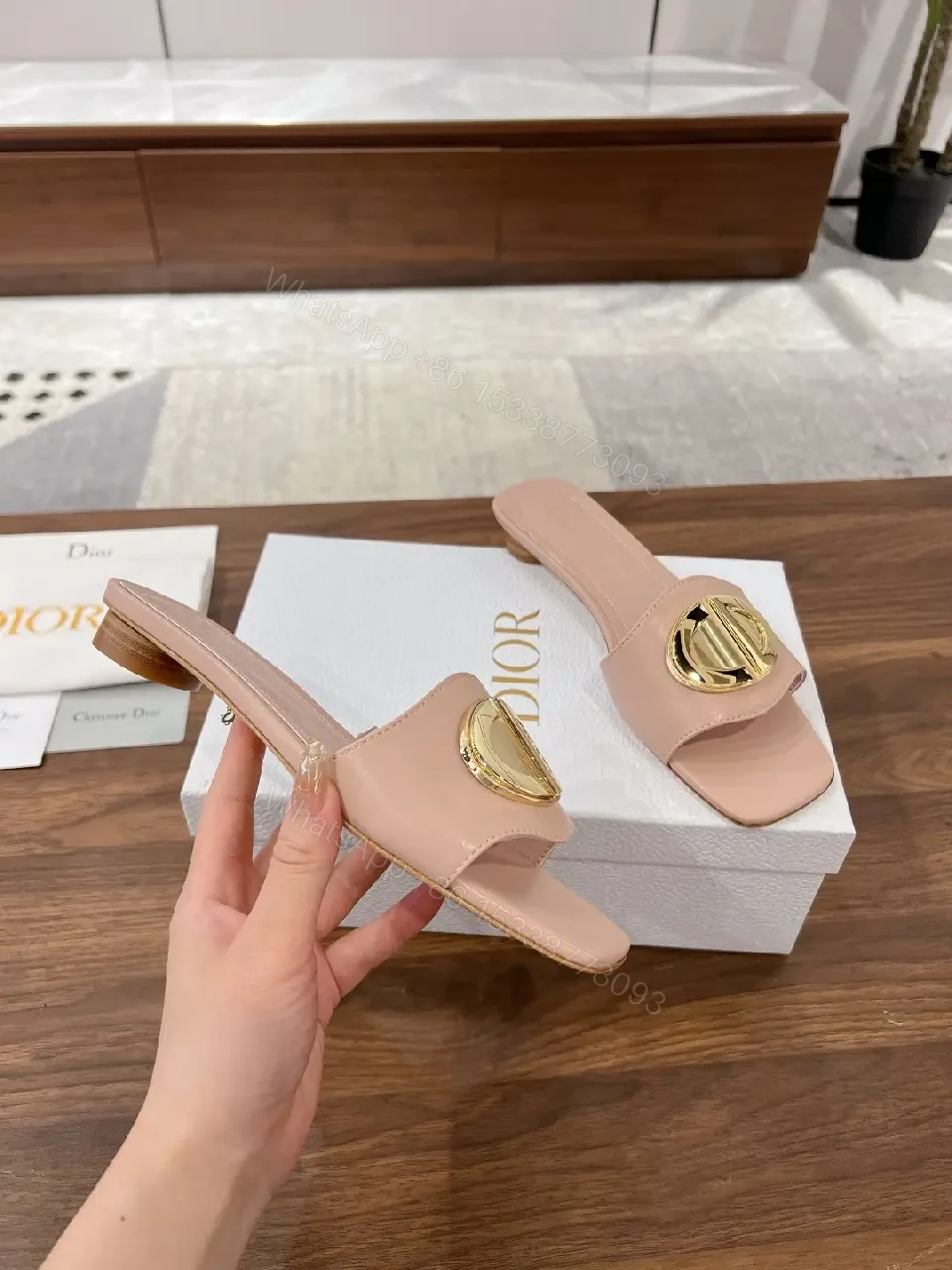 View 6 of Blush Pink Leather Modern Gold Logo Dior Slides