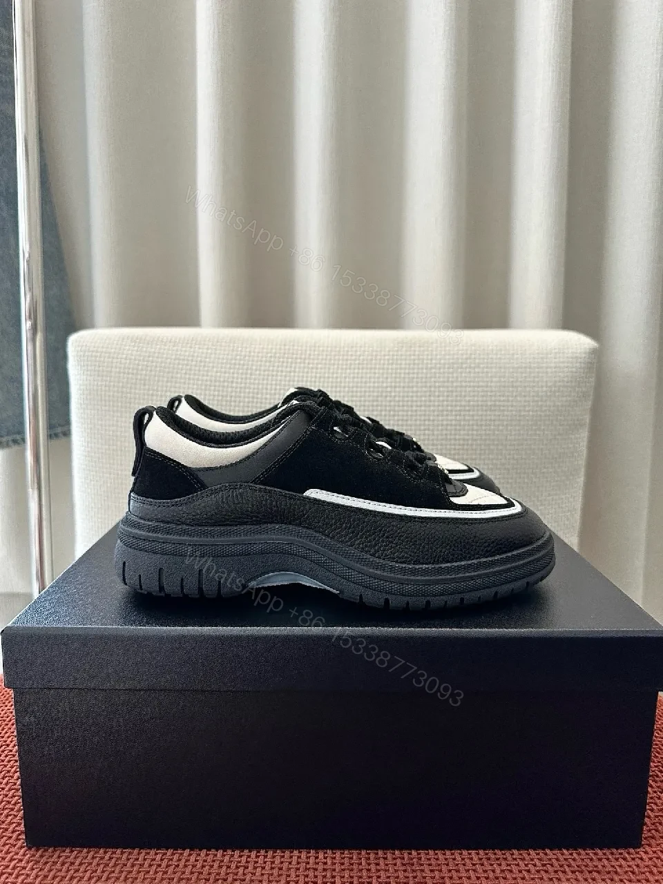 View 2 of Chic Black-White Leather High-Top Sneakers with Couture Detailing
