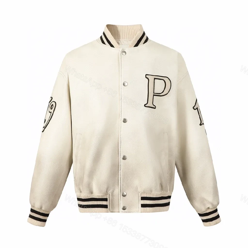Crisp Off-White Varsity Jacket with Bold Lettering — view 1
