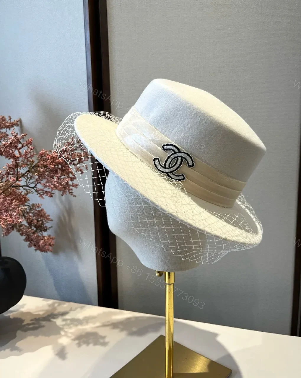 Ivory Felt Fedora with Veil & Emblem Accent — view 1