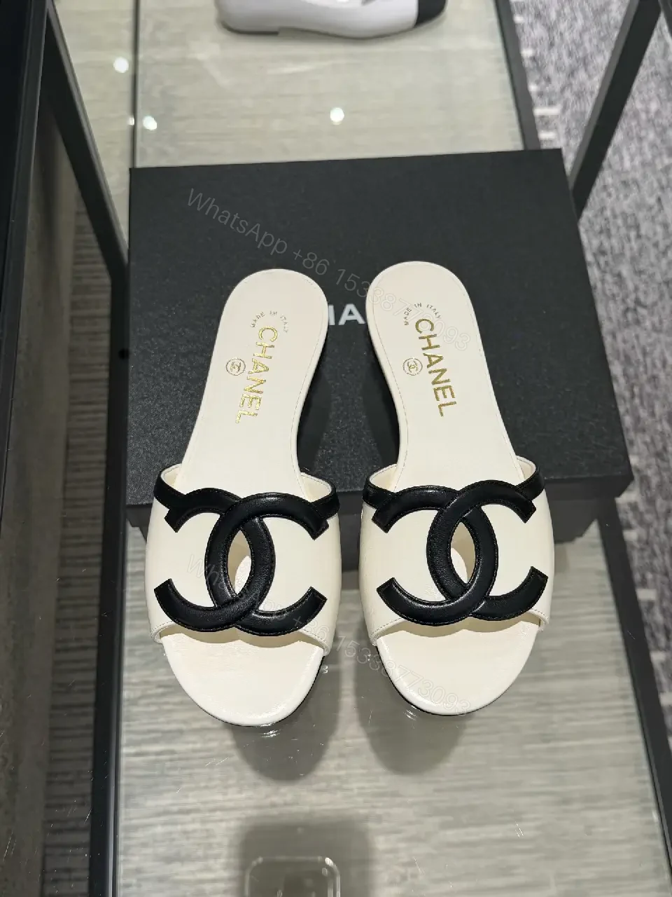 View 2 of Cream Leather Chanel-Style Slide Sandals
