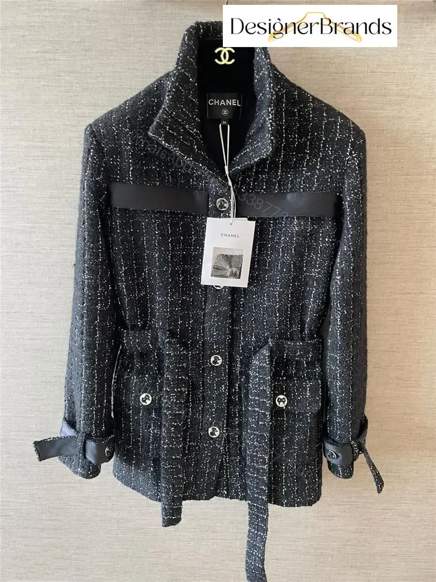 View 3 of Textured Tweed Belted Jacket with Metallic Accents