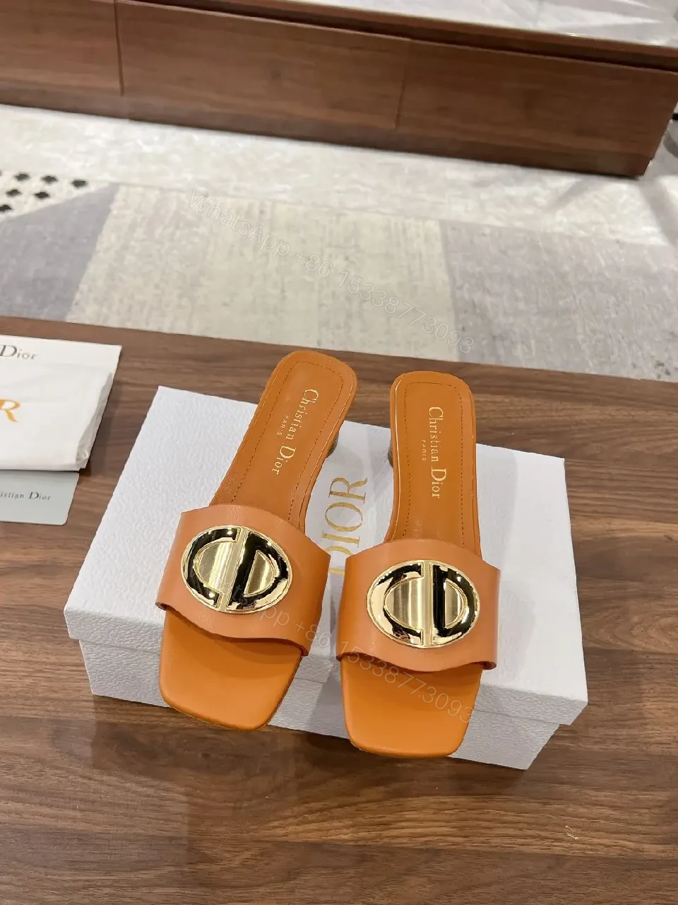 View 5 of Tan Leather Mule Gold Logo Buckle Dior Style Heel Slip-On Sandal
