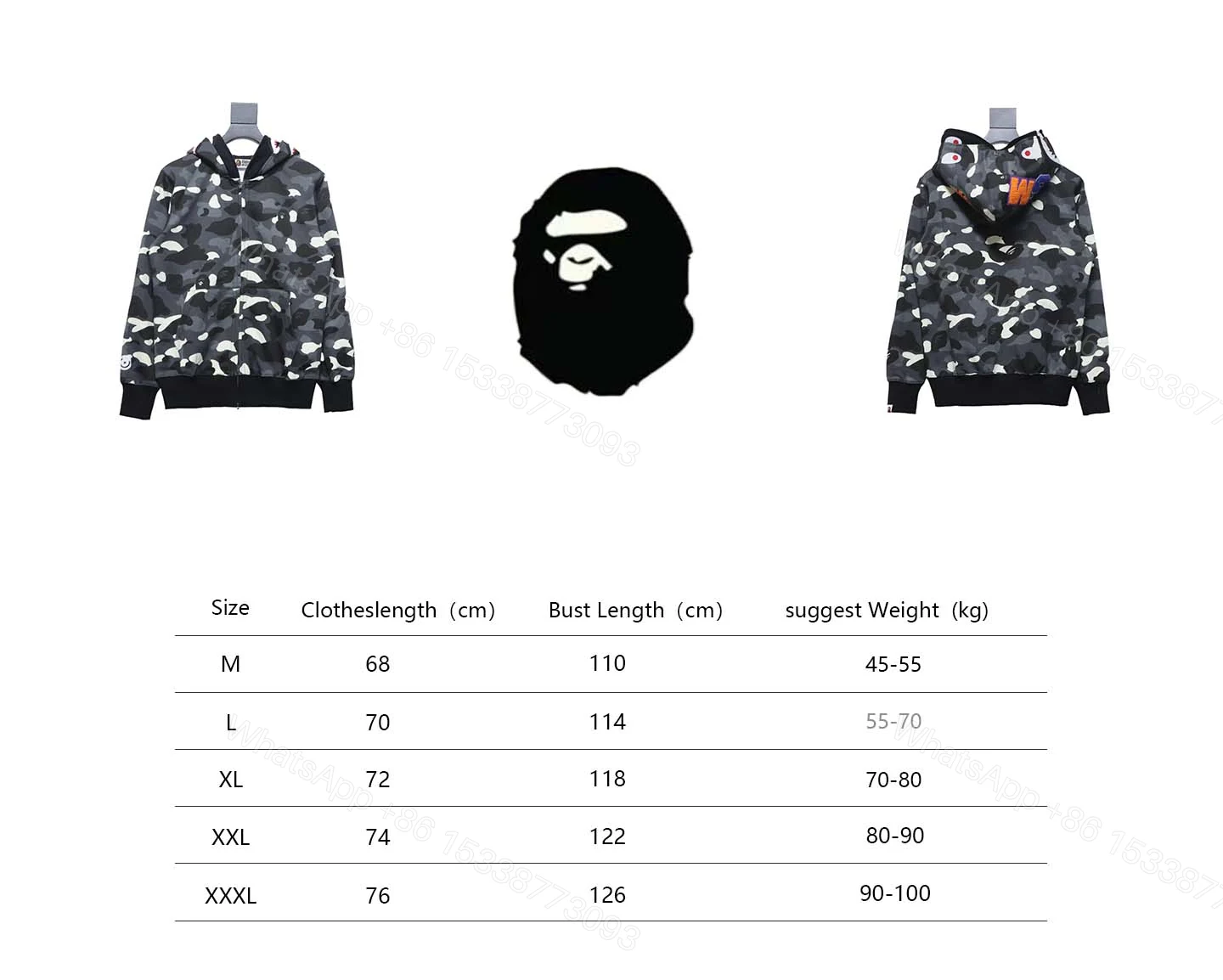 View 2 of BAPE Shark's Head Tiger's Head Zipper Luminous Camo Double Hoodie Gray Black