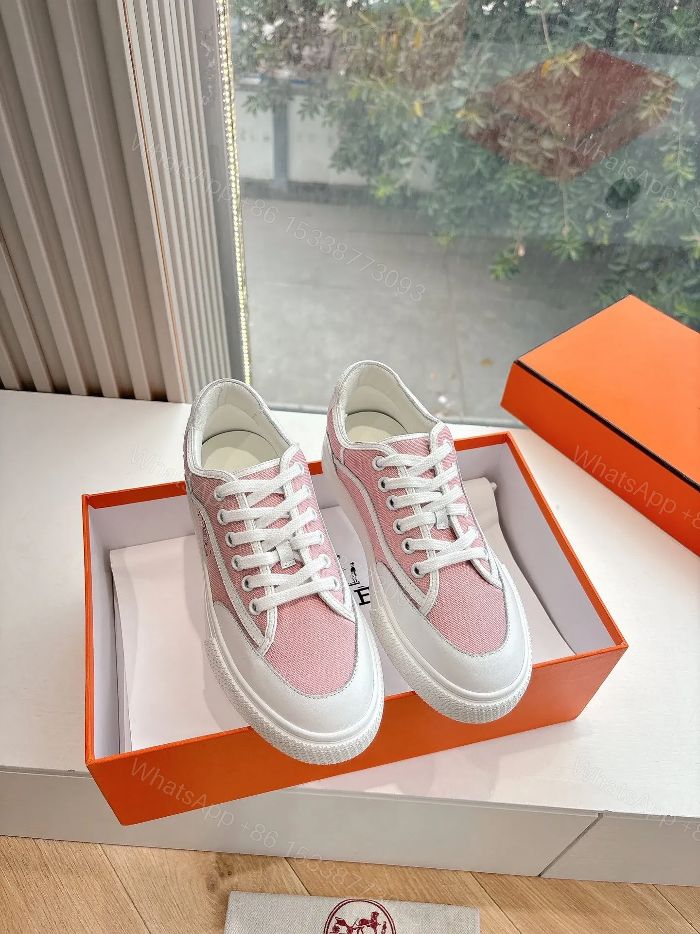 Hermes Women Pink Canvas And White Leather Sneakers — view 1