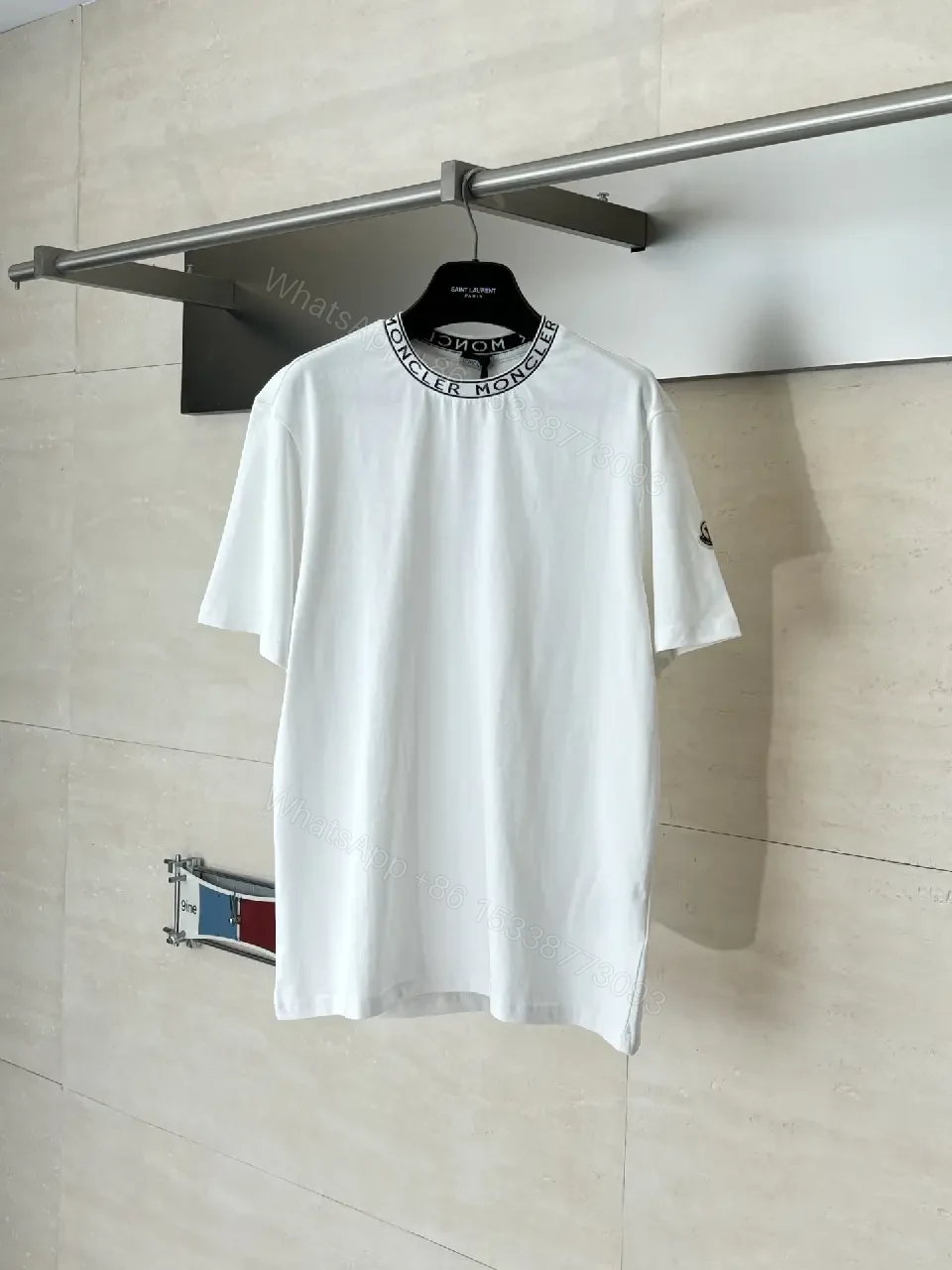View 2 of White Cotton Tee Moncler Logo Crewneck Classic Streetwear Style Breathable Comfort T-Shirt