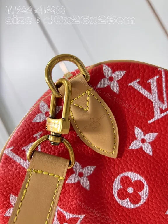 View 6 of Bold Red Satchel: LV-Inspired Monogram Pattern Carryall