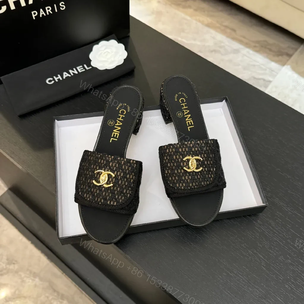 View 2 of Chic Knit-Texture Black Slip-Ons with Gold Hardware