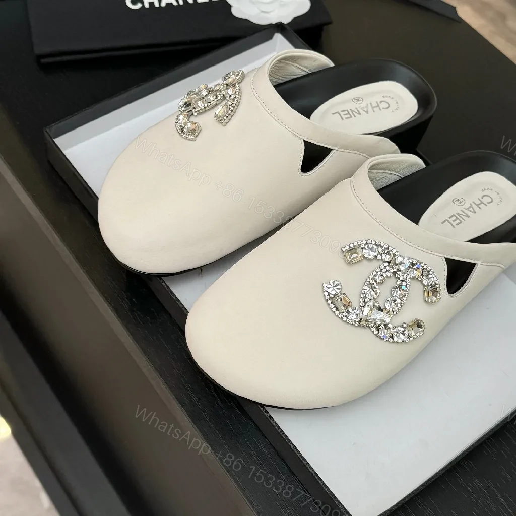 View 8 of Light-Gray Satin Mules with Crystal Emblem - Subtle Glamour
