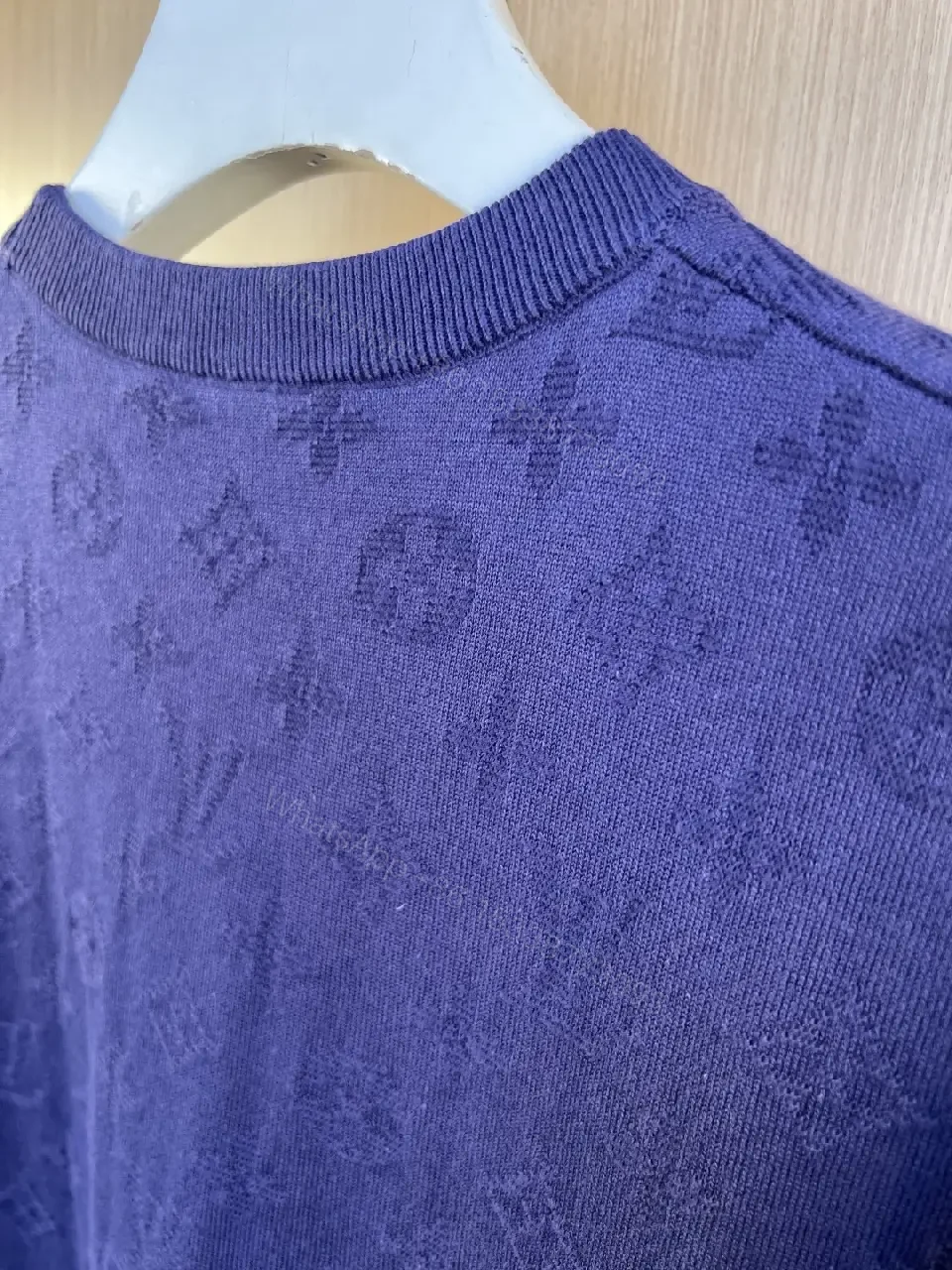 View 9 of Royal Blue Knit T-Shirt with Tonal LV Pattern, Crew Neck