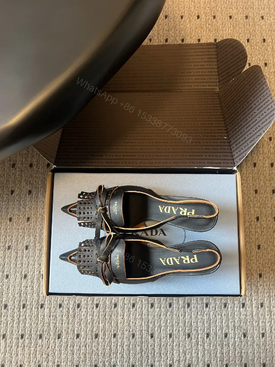 View 9 of Black Leather Prada Slingback Heels with Studded Front, Pointed Toe