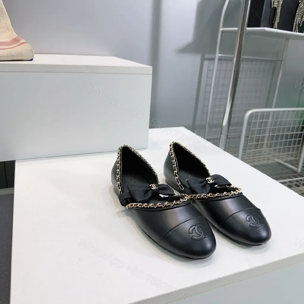 View 9 of Chic Leather Ballet Flats with Chain Trim and Bow