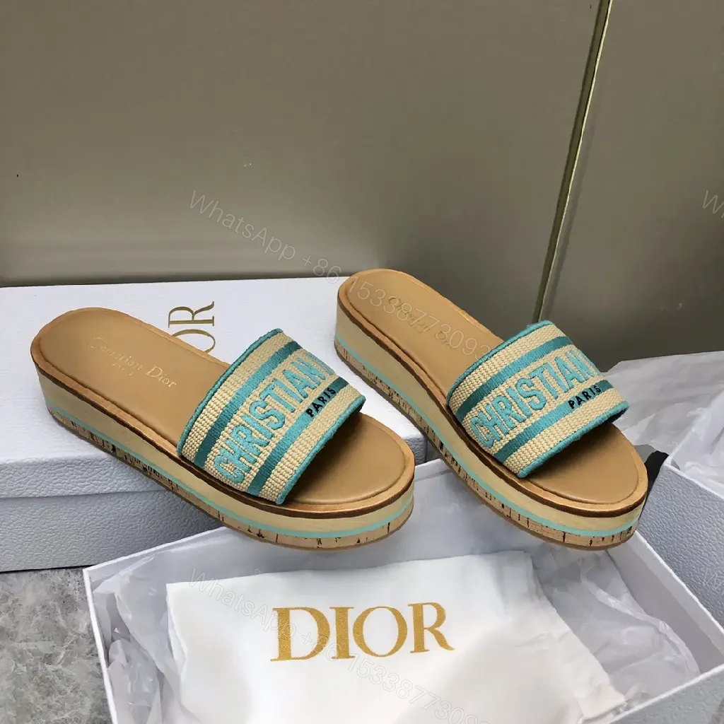 View 5 of Turquoise Canvas Striped Platform Sandals with Christian Dior Print