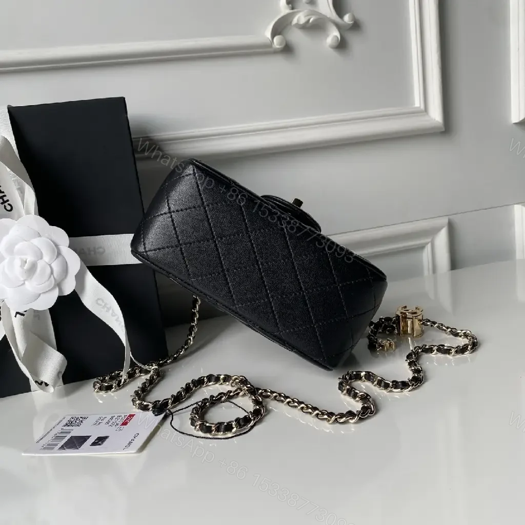 View 6 of Black Quilted Leather Flap Bag with Chain, Classic Weekender Elegance