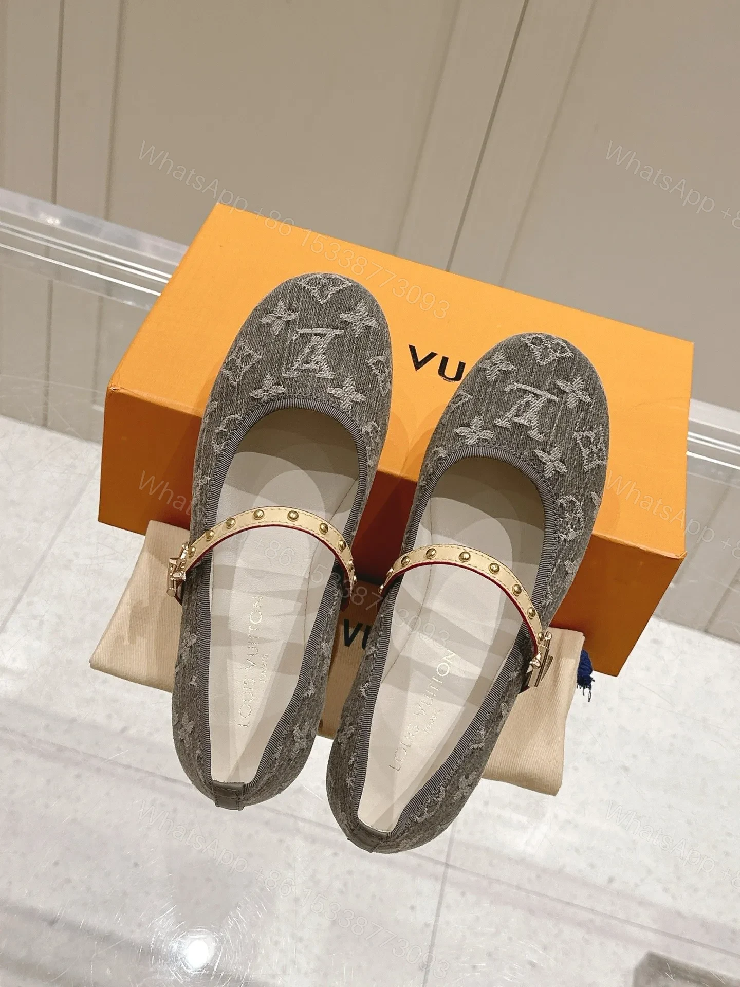 View 5 of LV Women Gray Fabric Studded Strap Flats