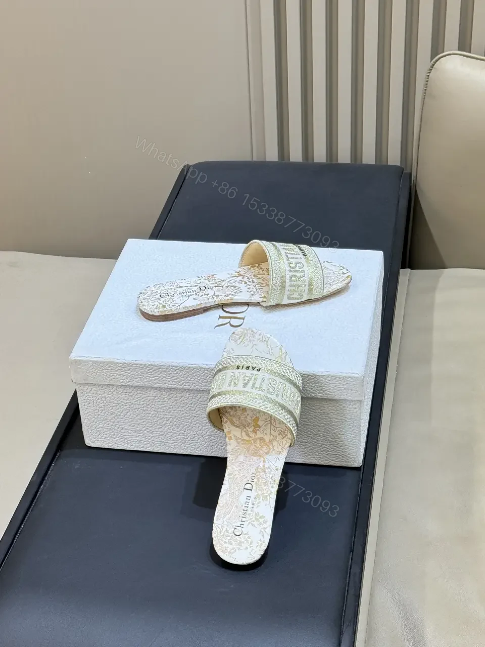 View 3 of Cream White Leather Slide Sandals Dior Paris Style Slide Sandals