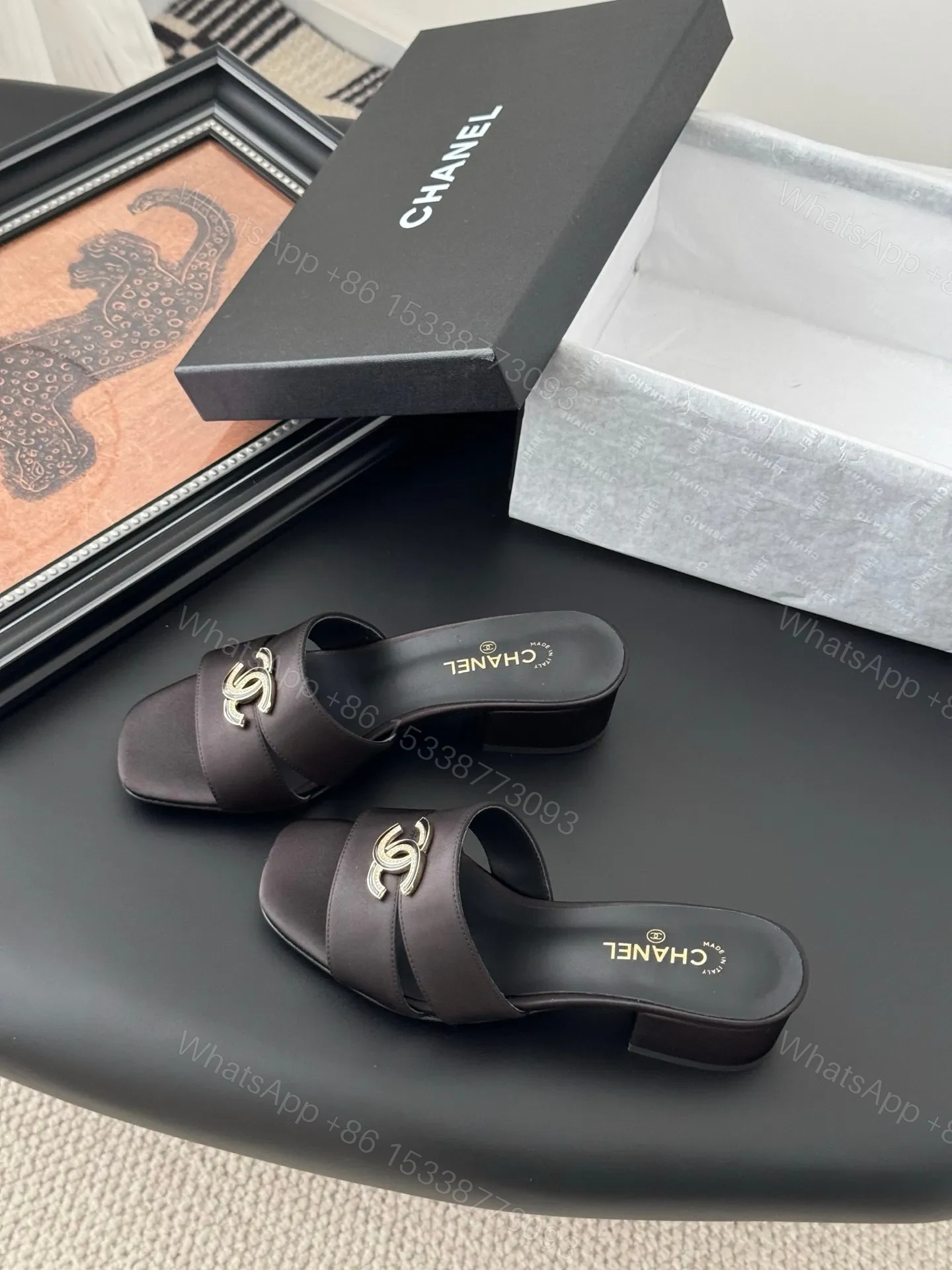View 2 of Chanel Women Dark Brown Satin Mules