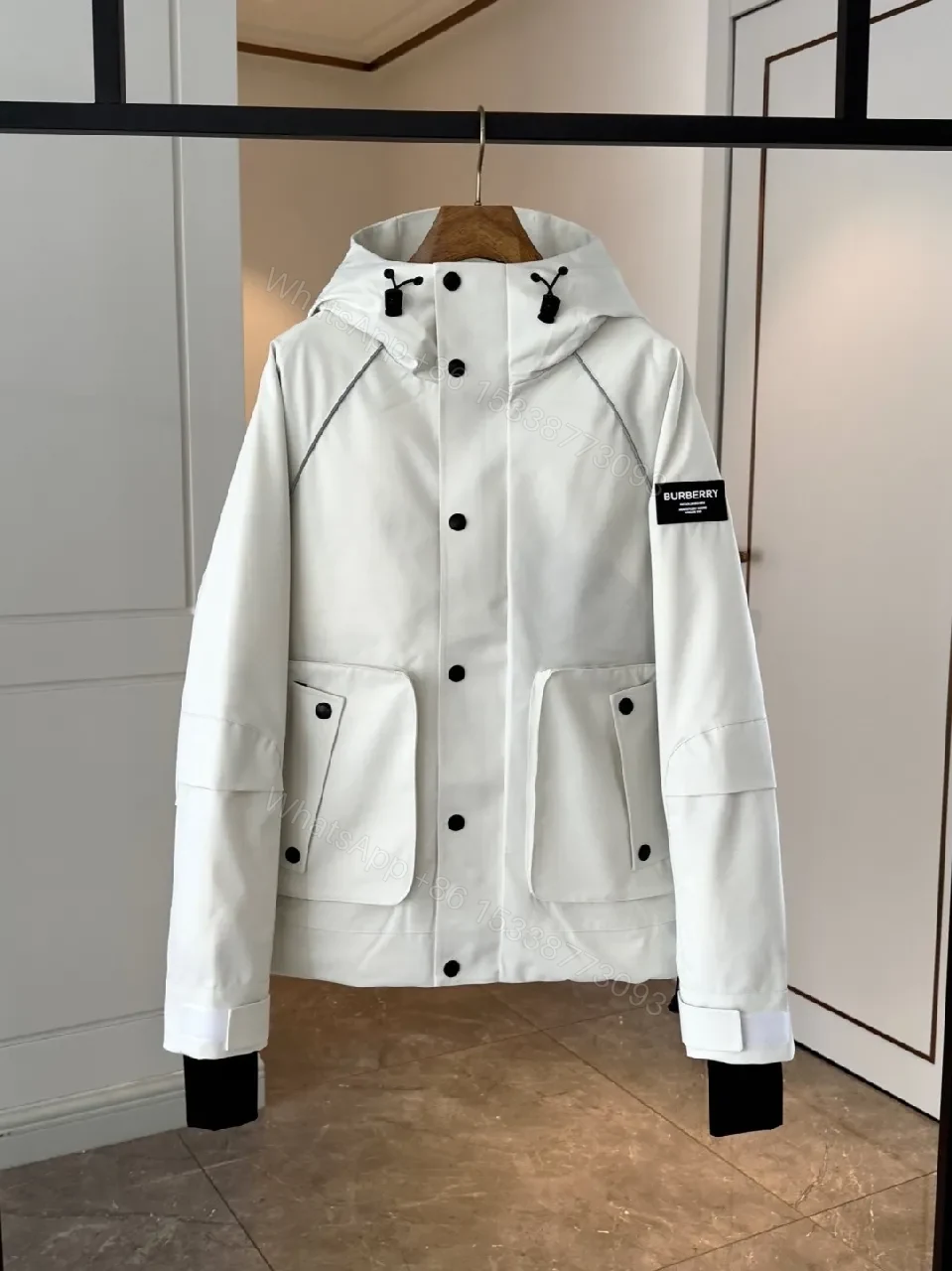 View 7 of White Weatherproof Parka with Leather Trim