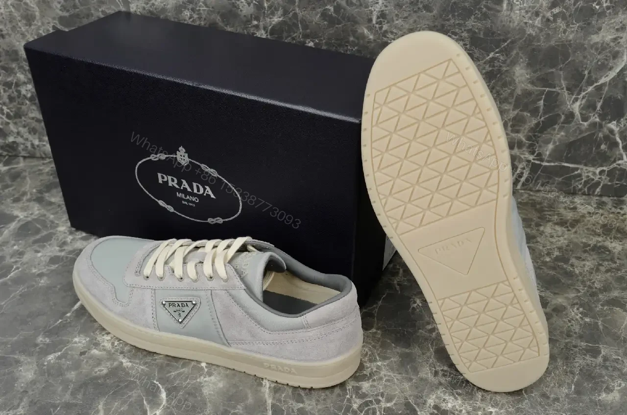 View 6 of White Leather Suede Low-Top Sneaker with Prada Logo Cardboard Mountain Crest