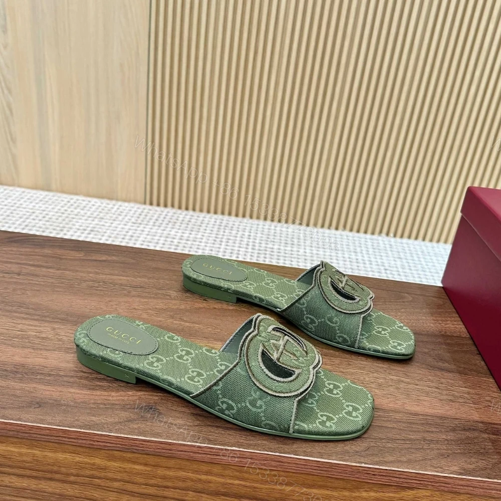 View 5 of GUCCI WOMEN SLIDE SANDAL WITH INTERLOCKING G GREEN GG CANVAS‎ ‎790447 9SF00 3005