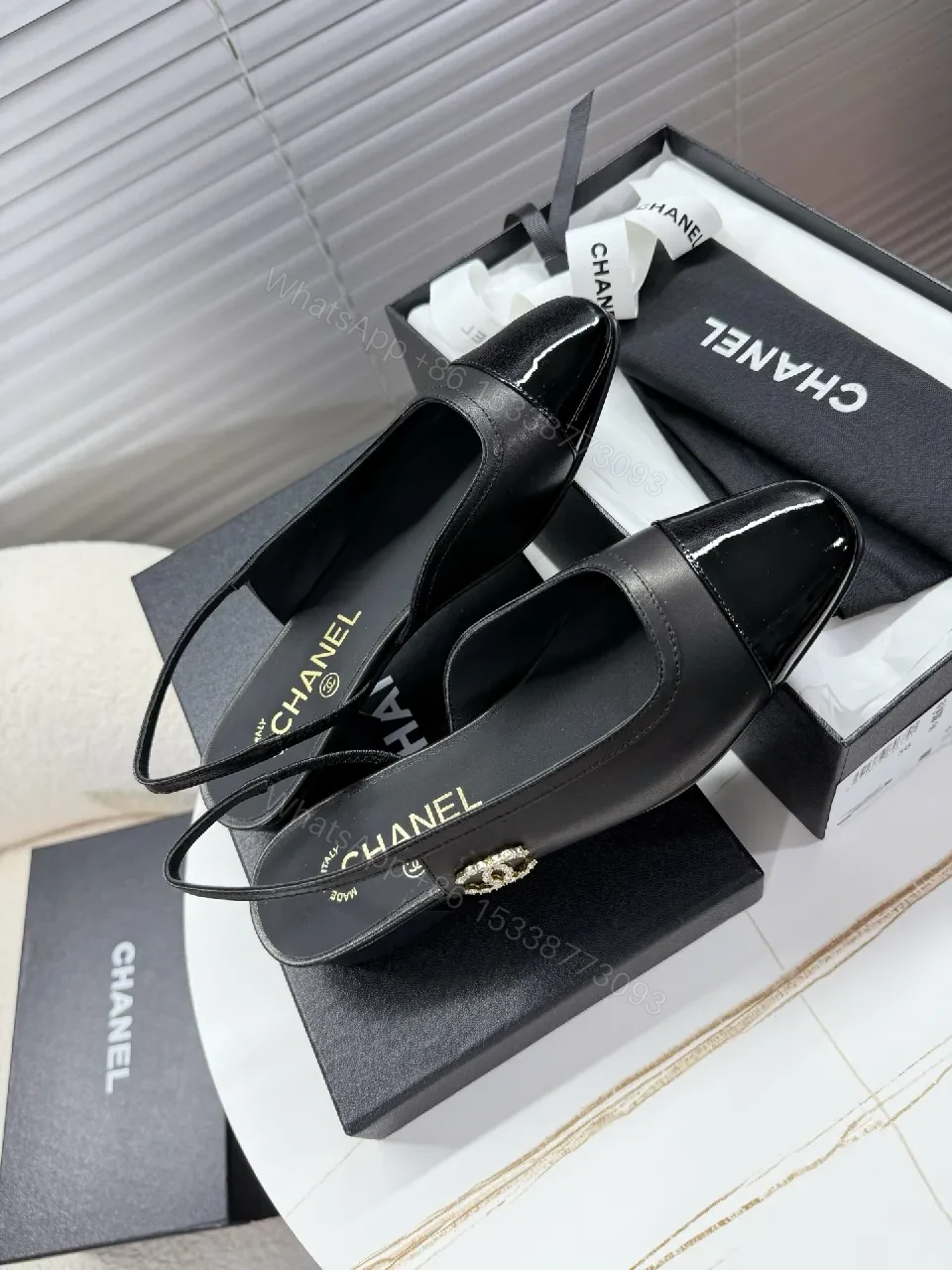 View 3 of Glossy Cap-Toe Black Slingback Mules, Luxury Style, All-Day Comfort