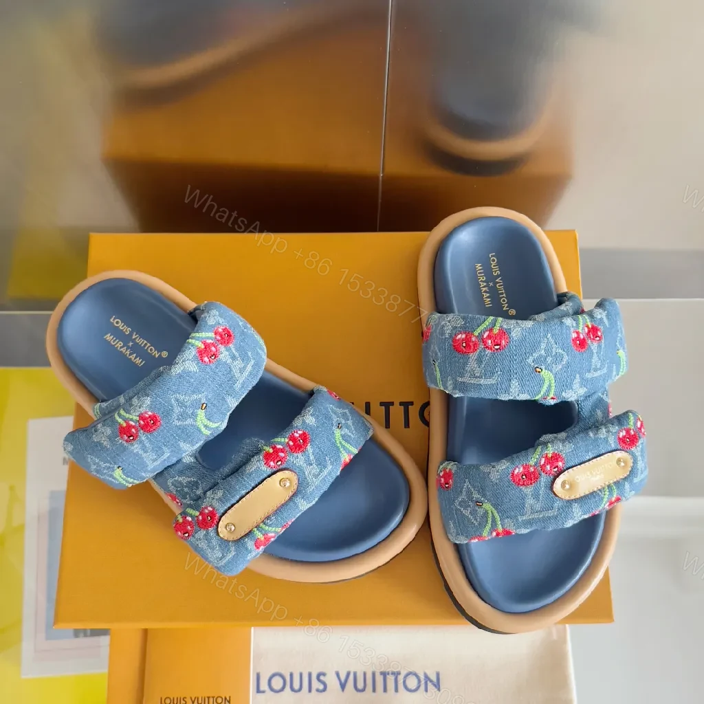 View 4 of Denim Cherry-Embroidered Slides: Playful Luxury Sandals