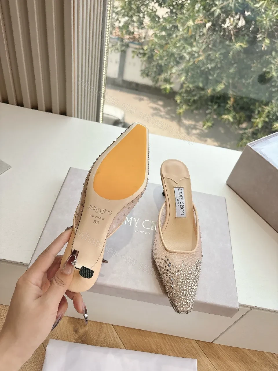 View 4 of Beige Beaded Pointed-Toe Mules — Luxe Crystal Shine
