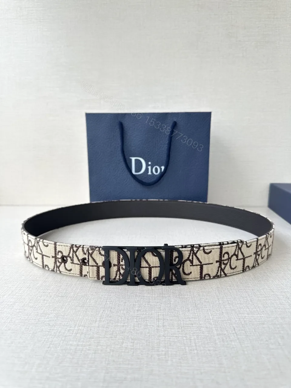 Beige Monogram Belt with Luxe Signature Print — view 1