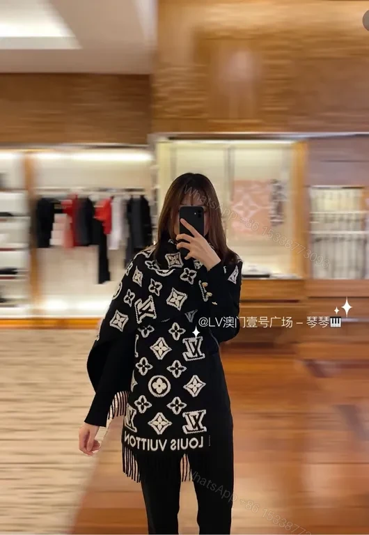 View 2 of Lux Black Knit Scarf: LV-Inspired Monogram, White Stitch, Fringed