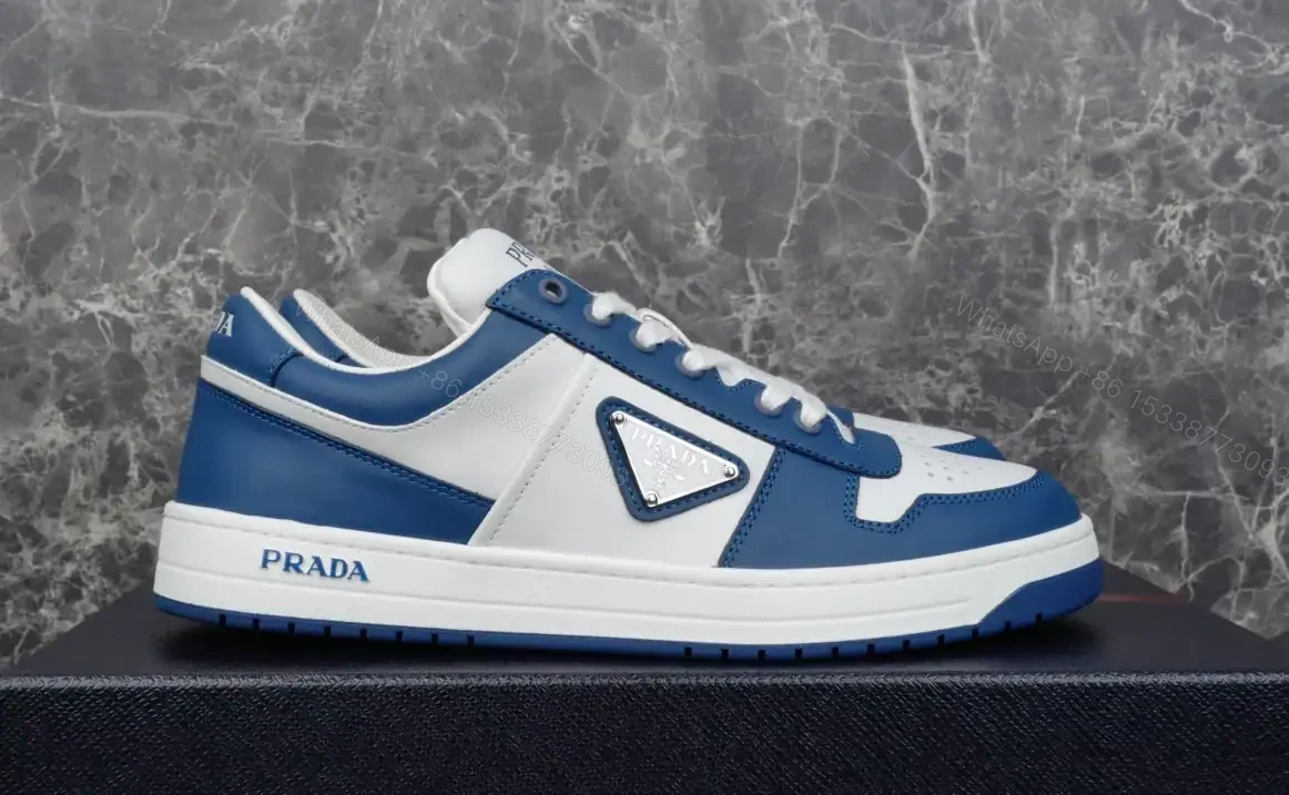 View 3 of PRADA DOWNTOWN LEATHER SNEAKERS IN WHITE AND LACQUER BLUE- PRD011