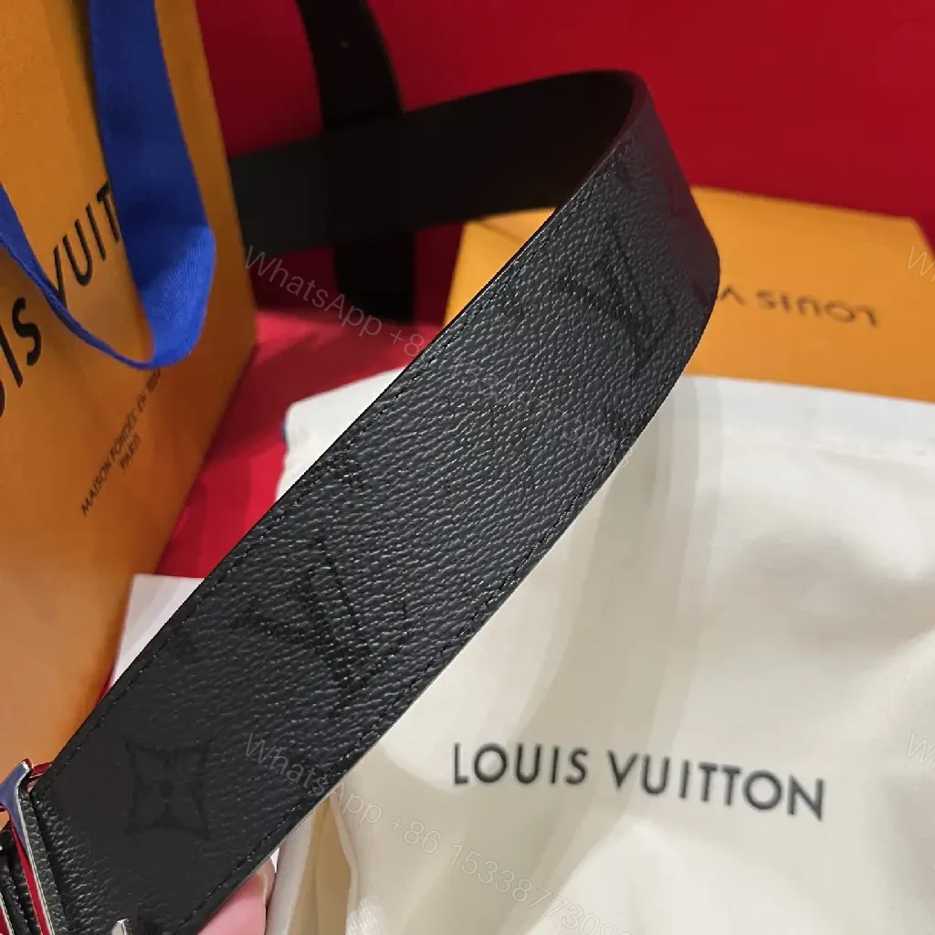 View 3 of Black Leather Belt – Pebbled Grain, Silver LV Buckle, Classic Luxury