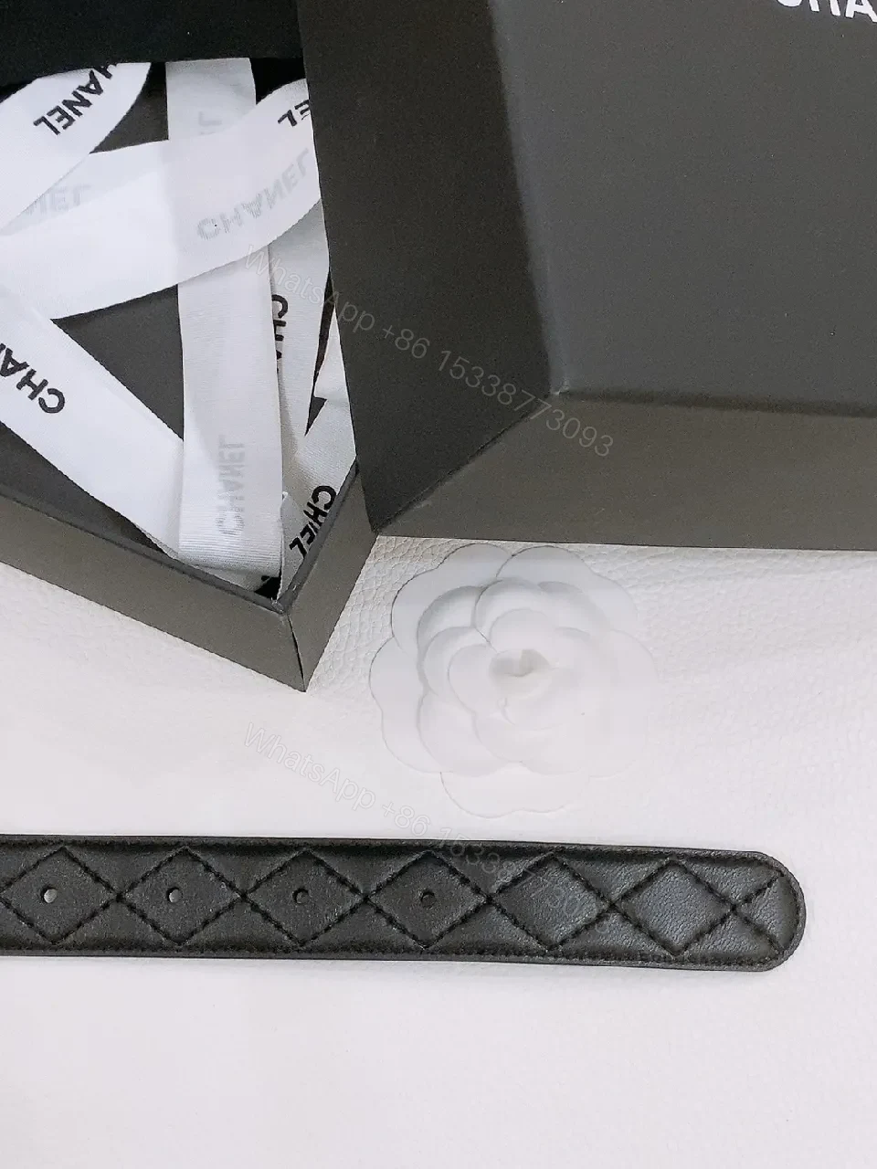 View 2 of Black Quilted Leather Belt with Gold Double-C Logo Buckle