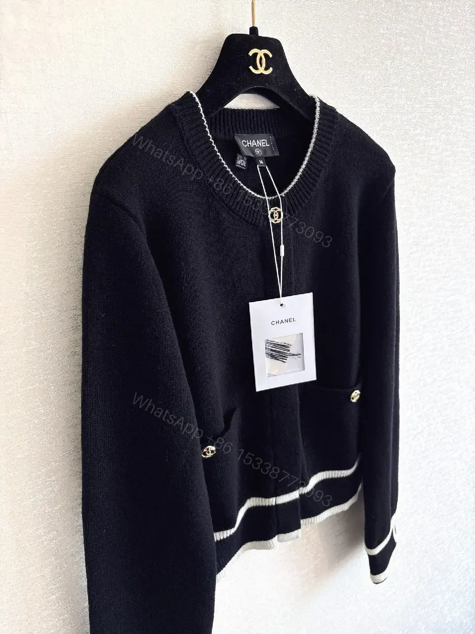 View 5 of Black Knit Jacket with White Piping & Gold Hardware