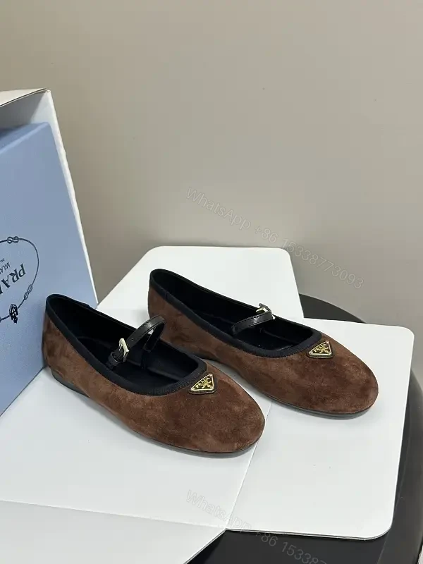 Brown Suede Mary Jane Flats Black Trim Classic Prada-Style Logo Shoe — view 1