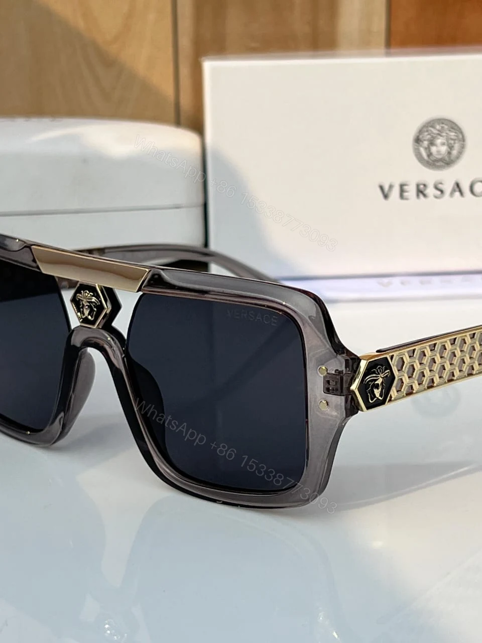 View 3 of Versace Rectangular Sunglasses Gray/Black