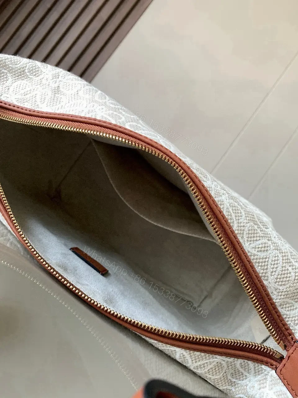 View 4 of Cream-Tone Interlocking Pattern Leather-Trim Tote Bag