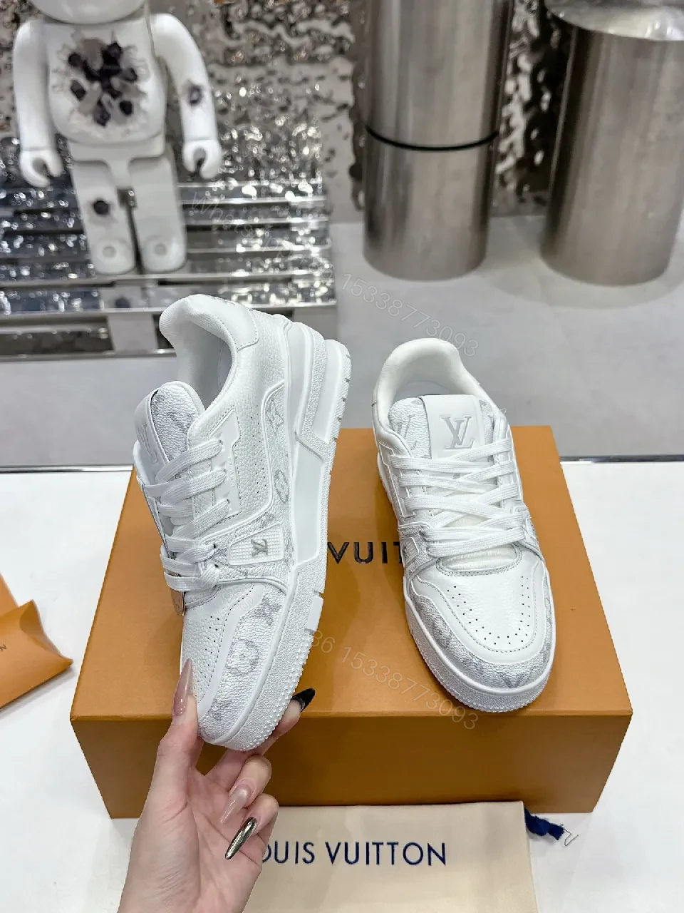 View 5 of Patterned White Leather Luxury Sneakers with Monogram Details