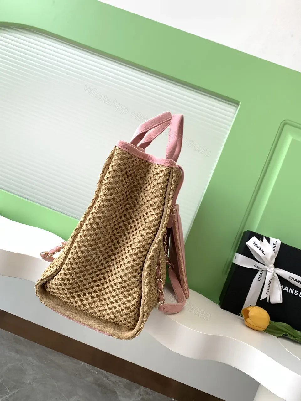 View 8 of Pink Straw Tote with Leather Trim, Structured Chanel-Inspired, High-End Carryall