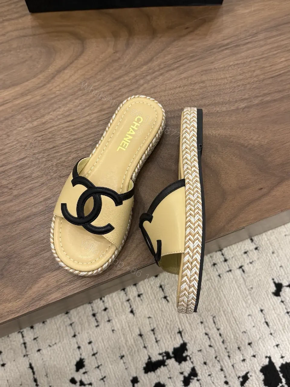 View 3 of Neutral Sand Leather Espadrille Slides with Logo Strap