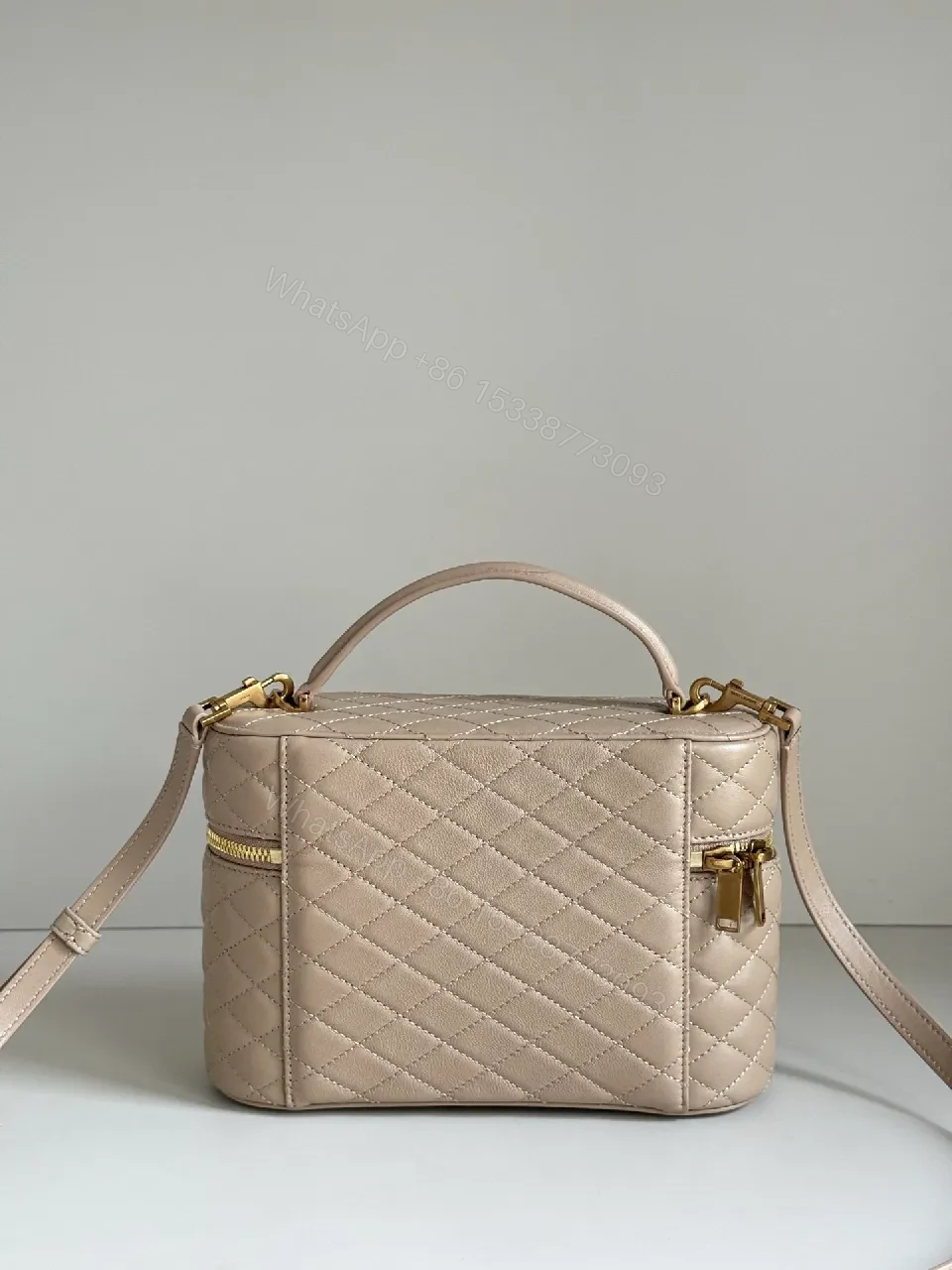 View 6 of Quilted Blush Mini Bag with Gold Hardware, Elegant Crossbody