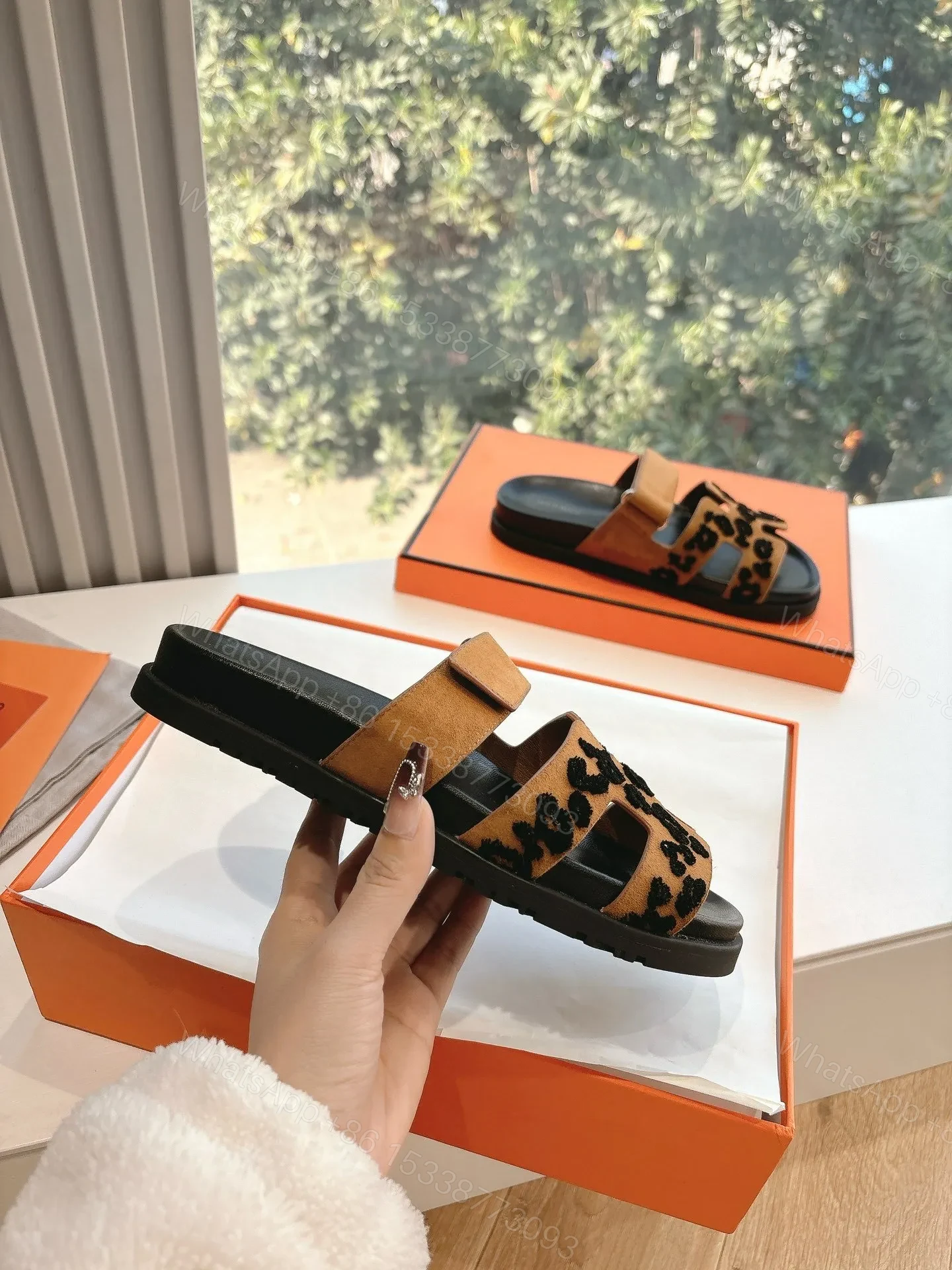 View 5 of Hermes Women Tan Suede Leopard Print Slippers