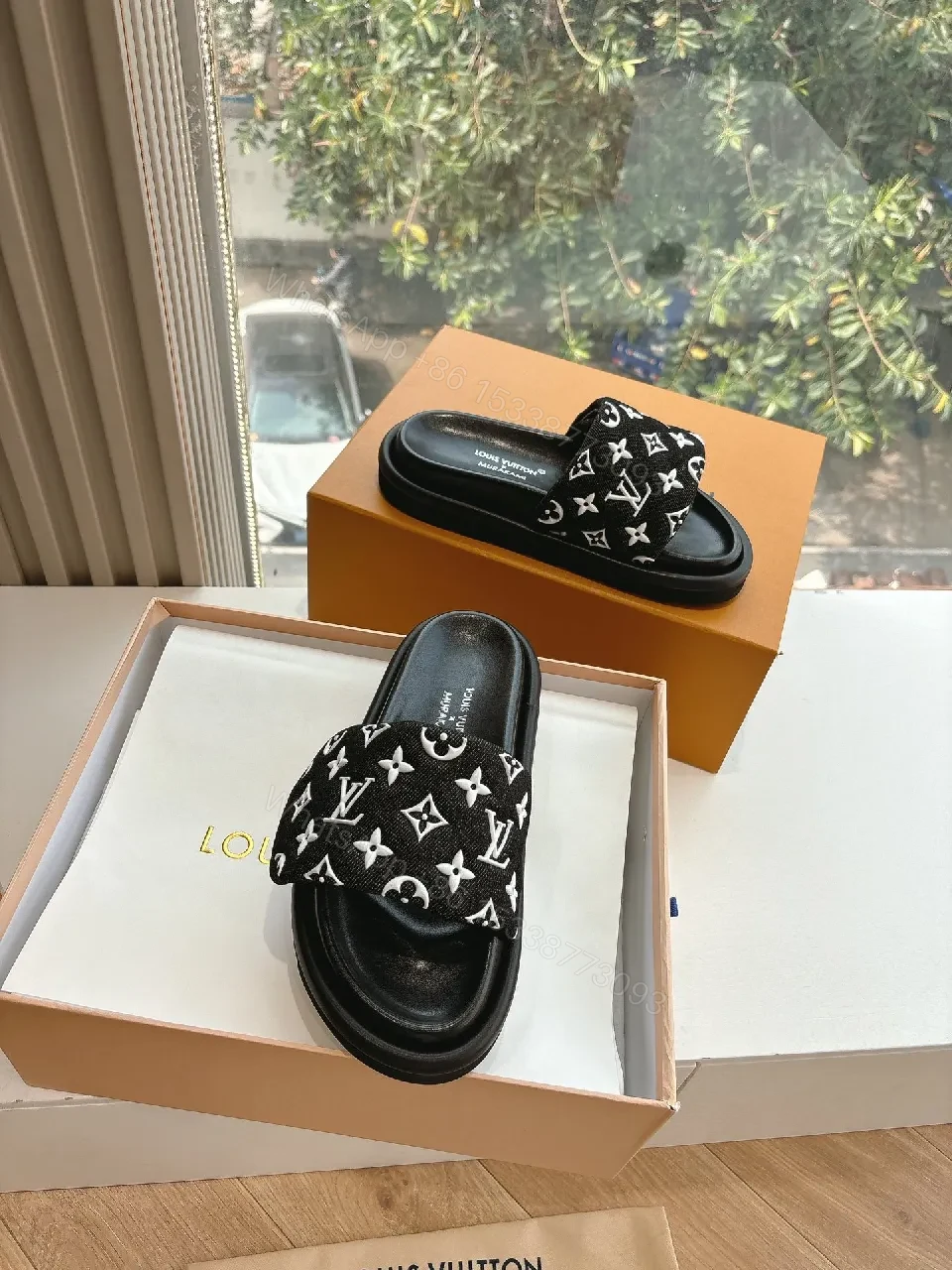 View 8 of Black Monogram Slide with LV Motif — Luxury Comfort Sandal