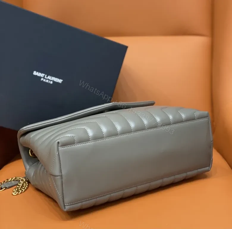 View 9 of Chevron Grey Leather Bag â€” MatelassÃ©, Gold YSL Hardware, Envelope Style