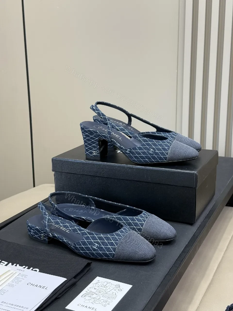 Denim Diamond Slingbacks: Quilted Texture, Subtle Chanel Detailing — view 1