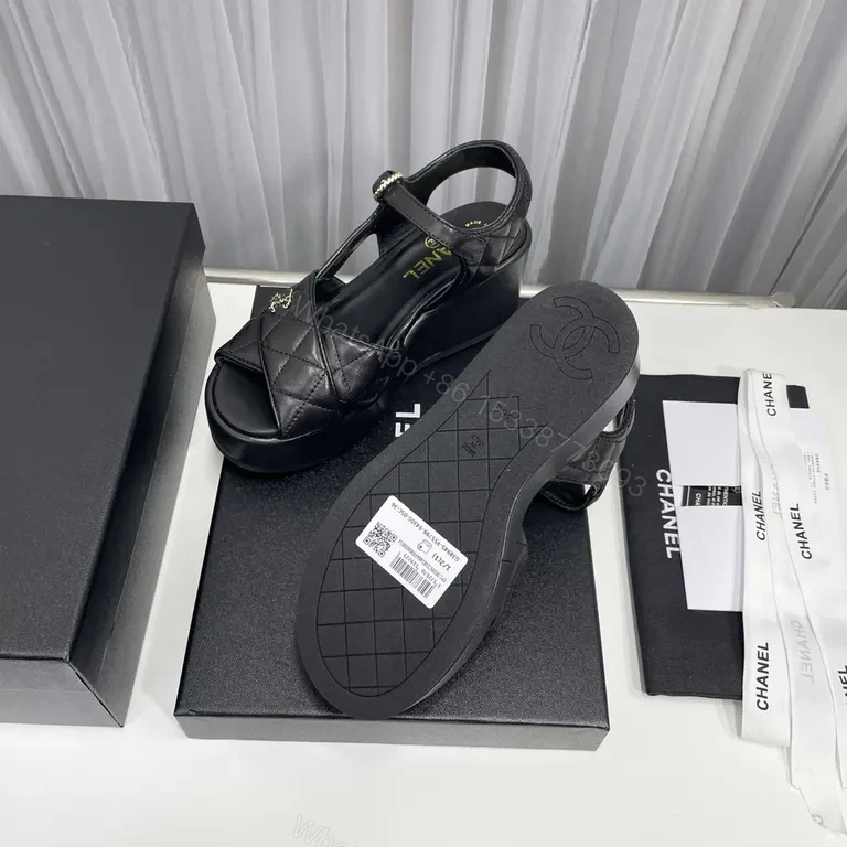 View 4 of Chanel-Inspired Quilted Platform Sandals â€“ Black, Gold Hardware