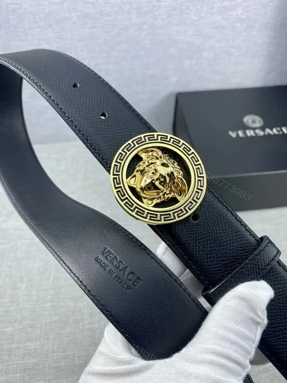 View 5 of Slim Black Leather Belt with Gold Medusa Buckle - Versace Style Belt