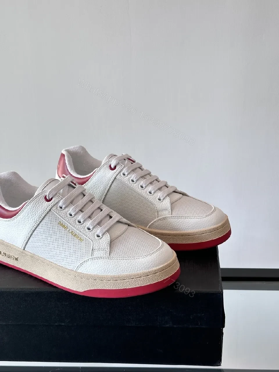View 6 of White Leather Low-Top Sneakers with Rose Accents, Modern Comfort