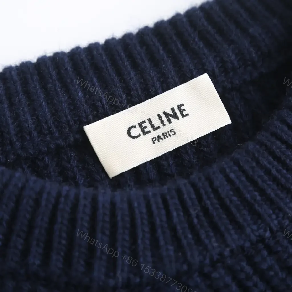 View 2 of Navy Knit Crew with Bold CELINE Script - Luxe Everyday Comfort