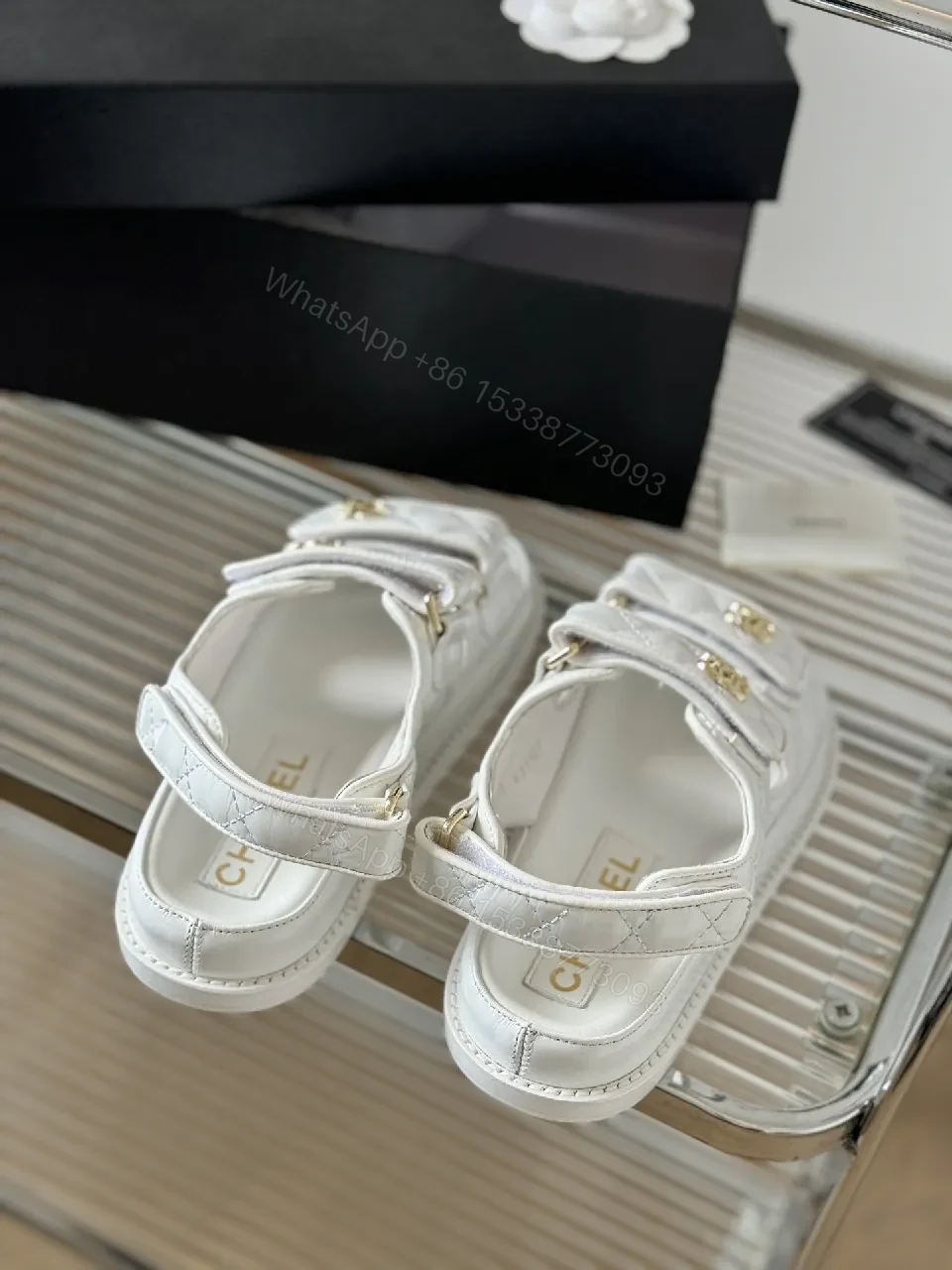 View 4 of White Leather Sandals with Gold Hardware, Quilted Strap Comfort