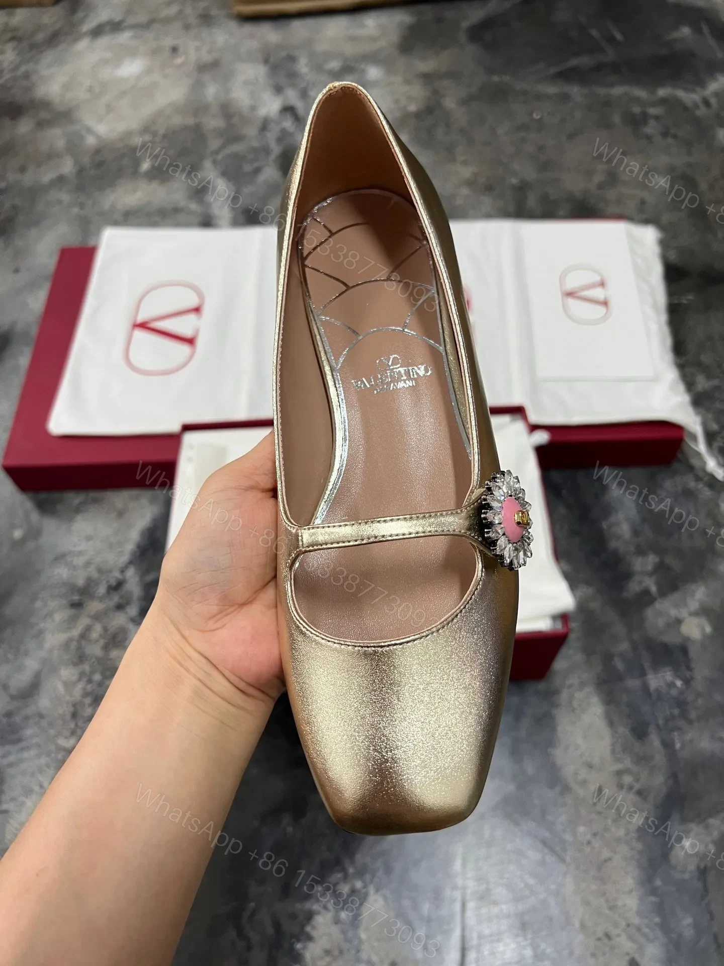 View 4 of Valentino Women Gold Leather Embellished Flats
